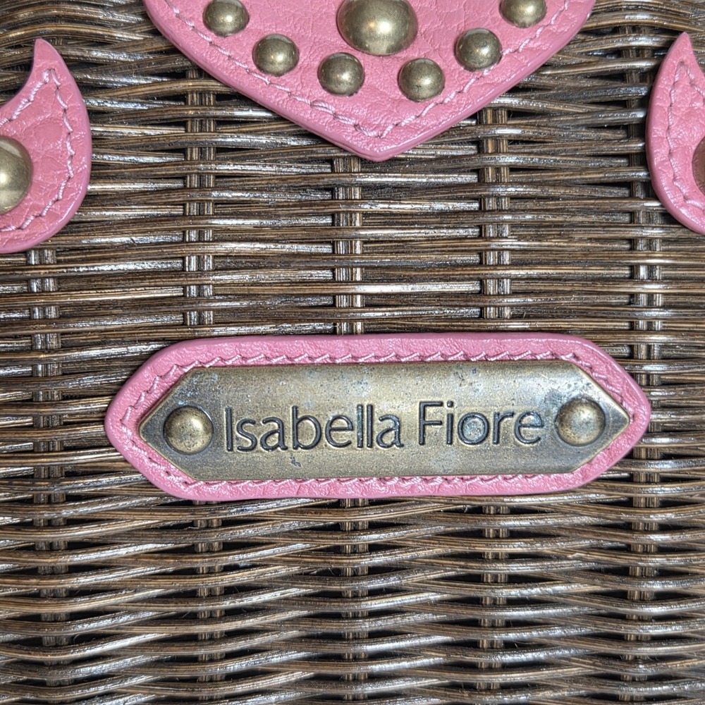 VTG Isabella Fiore Pink Leather Wicker Satchel Studded Trim Boho Handbag Rare - Picture 7 of 16